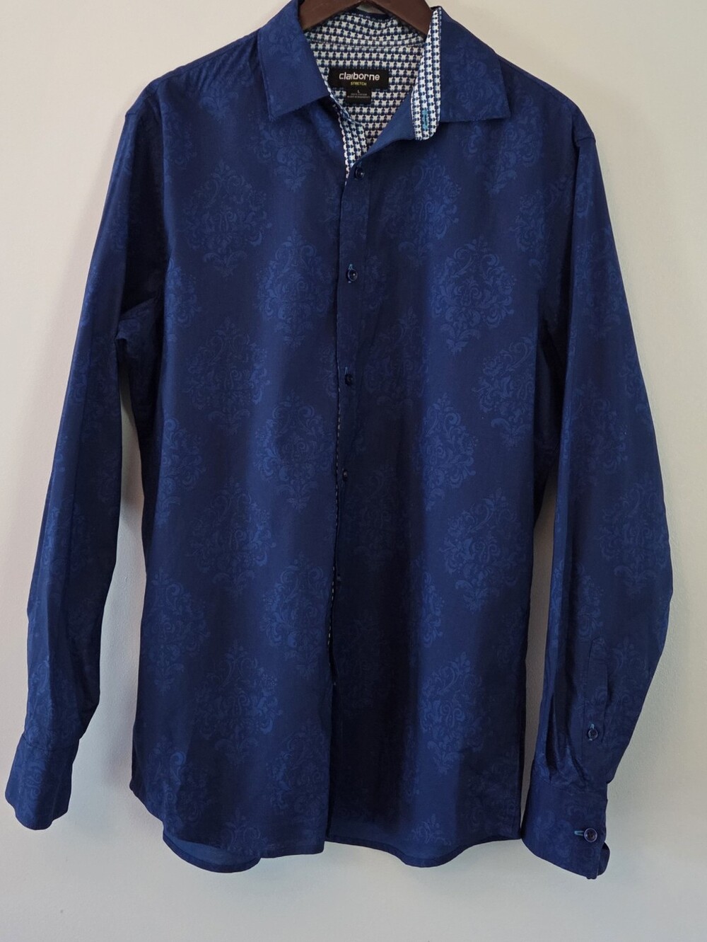 Claiborne Men's Stretch Blue Patterned Long-Sleeve Dress Shirt Size L
